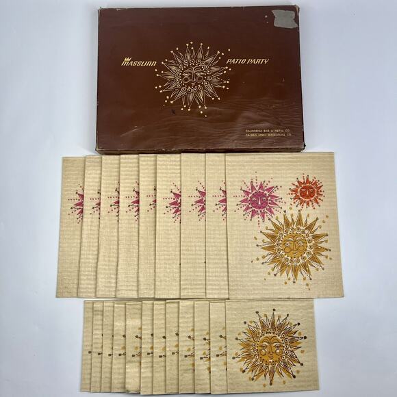 Vintage MCM Atomic Sun Napkins Dinner Barware Set 21 RARE Masslinn Patio Party - Picture 2 of 7
